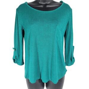 Charming Charlie Teal Green‎ Button Back Roll Tab Sleeve Top Womens Size S